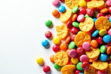 Obraz premium Pile of colorful candy, chips, and soda on white , soda, studio shot, cherry