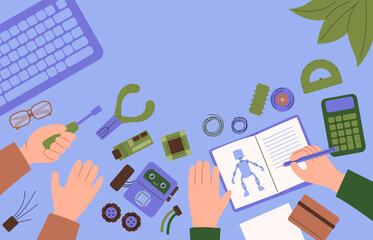 Flat lay of robotics engineering workspace