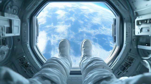 Astronaut's Feet Protrude from ISS, Ocean Below