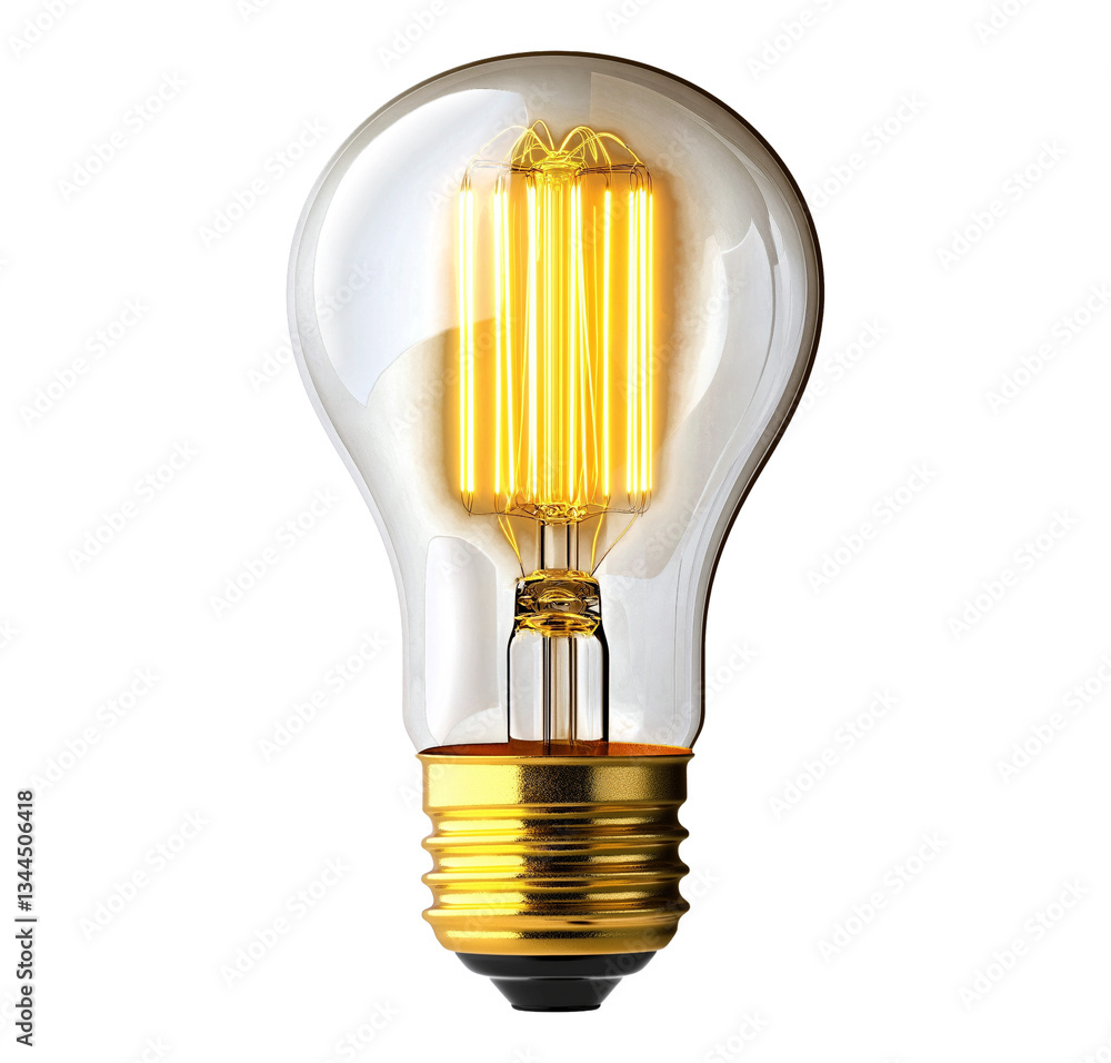 Poster golden base led edison bulb with warm light image isolated transparent. glowing filament lightbulb c