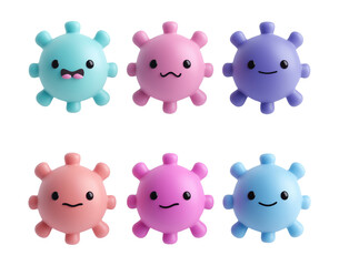 Cute kawaii cartoon viruses characters transparent image set. Adorable microbes isolated cutouts 3d render. Microbiology, virology cut outs cliparts design elements png collection