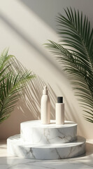 two cosmetic containers on marble display with palm leaves