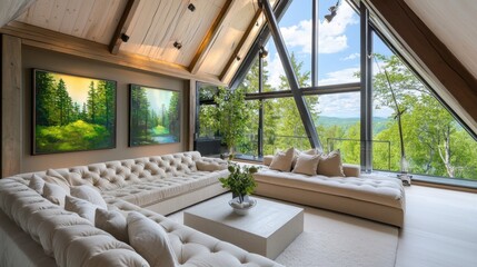 Nature infused high tech attic loft living room, metal walls, plush sand colored tufted sofa, dynamically lit paintings, smart skylight curtains