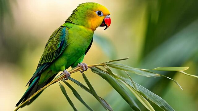 Colorful parrot perched on bamboo branch in a vibrant tropical setting