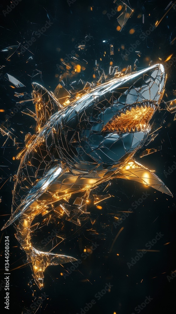 Poster a shattered golden shark appears with sharp teeth and aggression