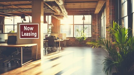 Bright spacious office with exposed brick, plants, and 'Now Leasing' signage