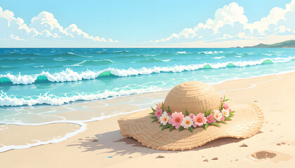 Straw hat with flowers on sandy beach with gentle waves and bright sky