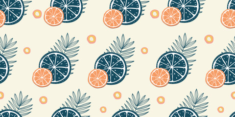 Seamless tropical pattern with hand-drawn oranges and palm leaves. Perfect for fabric, wallpaper, packaging, and summer-themed designs. vector illustration