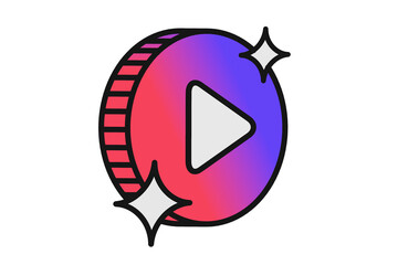 Shining Play Icon: A vibrant play button icon, featuring a gradient of colors and sparkling starbursts, is a dynamic symbol representing multimedia content and digital entertainment. 