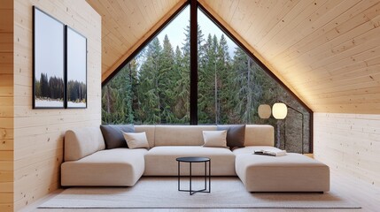 Small rustic attic loft living room, light wood walls, compact beige sofa, integrated lighting, minimalist paintings, panoramic twilight forest view