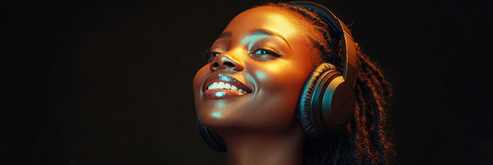 A smiling African American woman with headphones on, set against a vibrant brown background, captured in clean minimalism, evoking the concept of music enjoyment or learning, banner