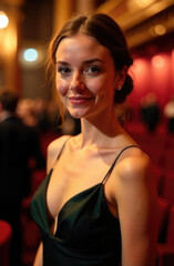 portrait of a beautiful brunette adult woman in an off-the-shoulder black evening dress, elegant hairstyle with gathered hair, red theater interior on a blurred background