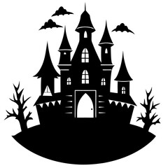 horror castle black silhouette vector, Simple silhouette Design vector icon with white background. Halloween horror castle
