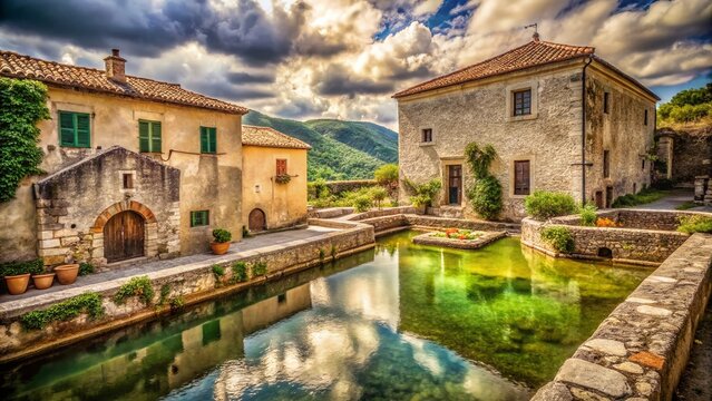 Vintage Photo: Castello Pandone, Lavatoio, & Fishpond, Venafro, Molise, Italy