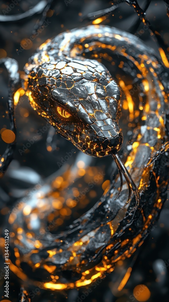Poster a realistic looking snake displays itself with glowing patterns and eyes