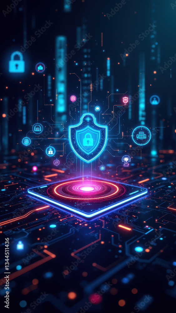 Poster cybersecurity protection with digital firewalls and secure network connections.