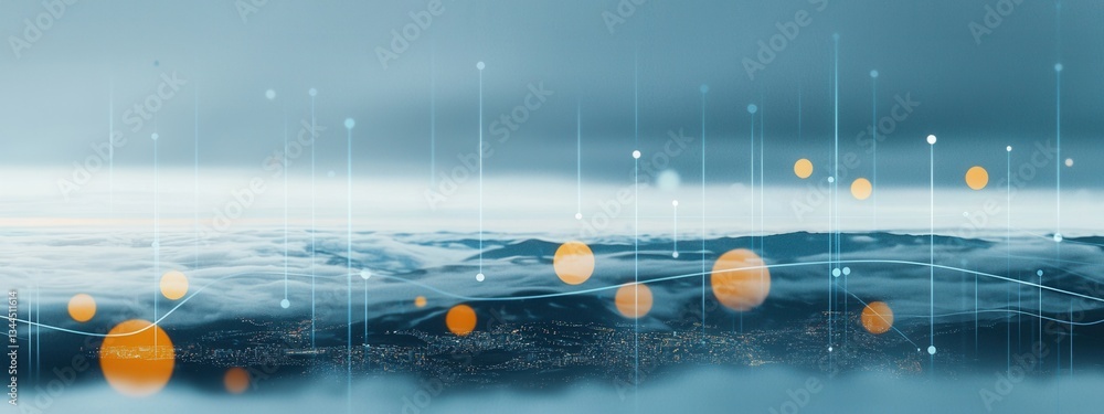 Poster abstract digital landscape with orange circles and data lines