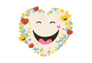 An emoji heart celebrates the power of kindness. A wide smiling face and rosy cheeks fill the center of a white heart adorned with smaller hearts and smiley faces.