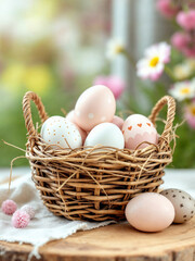 Obraz premium A natural wicker easter basket full of eggs painted and dyed with whimsical patterns on a table top with spring flowers in the background