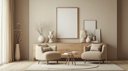 two beige armchairs and a wooden coffee table in a minimalist living room setting