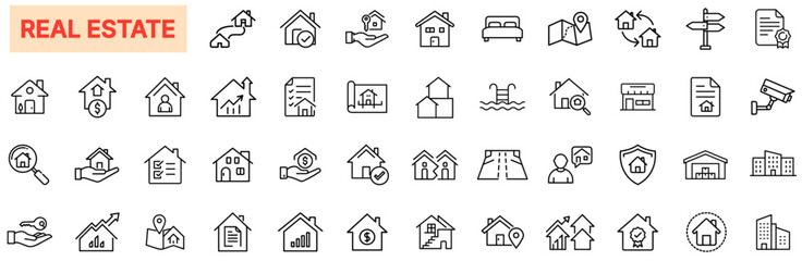 Fototapeta premium Real Estate Line Icons, Property, House, Home, Mortgage, Investment, Realtor, Rent, Sale, Construction, Architecture, Housing Market, Apartment, Urban Development