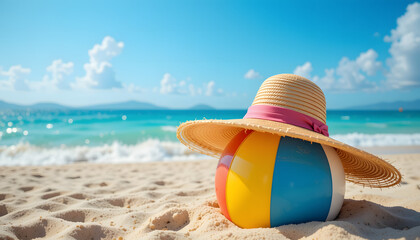 Colorful beach ball resting in sand with straw hat and ocean view