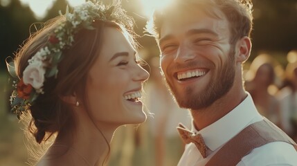 Joyful wedding celebration outdoor setting couple smiling natural light