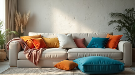 cream sofa with colorful throw pillows in a sunlit living room