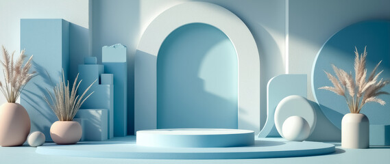 pastel blue minimalist product display with pampas grass