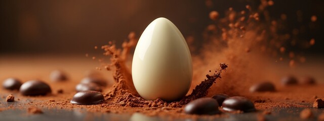 A white egg sitting on top of a pile of chocolate.