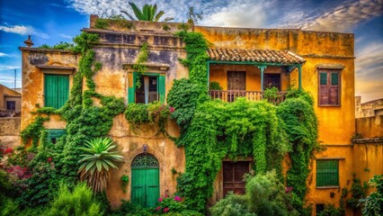 Fototapeta premium Vintage Rabat Morocco: Colorful Weathered Building & Lush Greenery