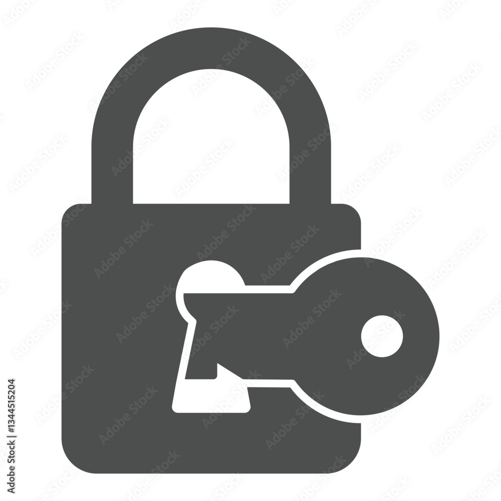Poster lock with key in keyhole solid icon, hacker attacks concept. vector graphics. unlocking lock, protec