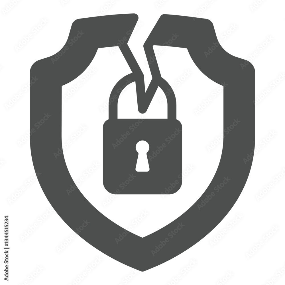 Poster cracked shield with lock solid icon, hacker attacks concept. vector graphics. lock on emblem with cr