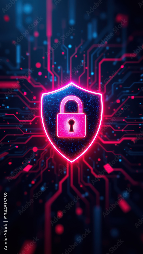 Poster cybersecurity lock icon with digital network background.