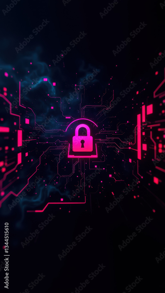 Poster cybersecurity-themed digital art with a graphical representation of kubernetes, 2fa lock, pink and b