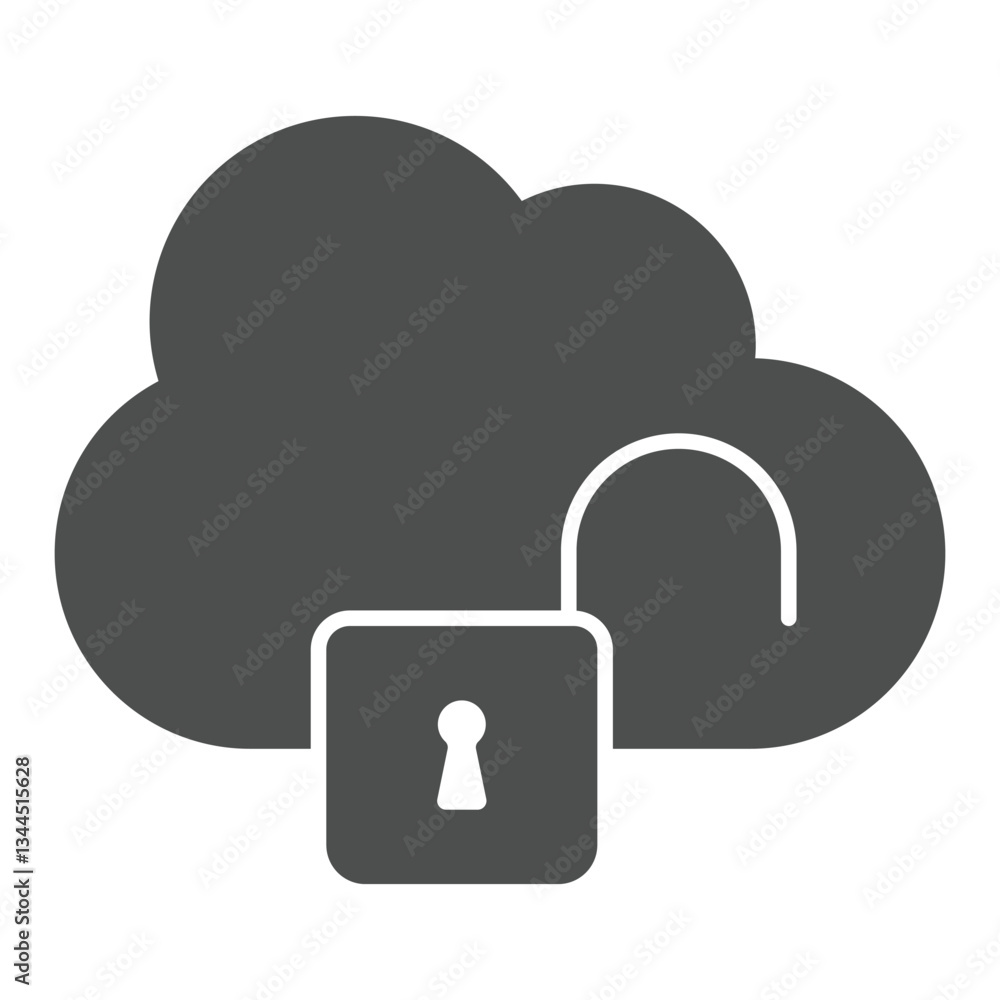 Poster unsecure cloud storage solid icon, hacker attacks concept. vector graphics. cloud with unlocked lock