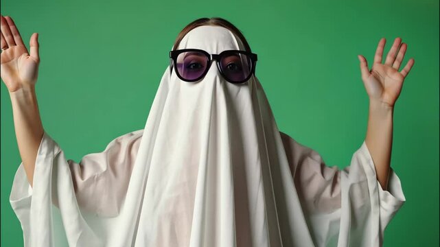 Playful Ghost Costume with Sunglasses on Vibrant Green Background, Creative Halloween Ghost Dancing Spirit with a Fun and Modern Twist video.