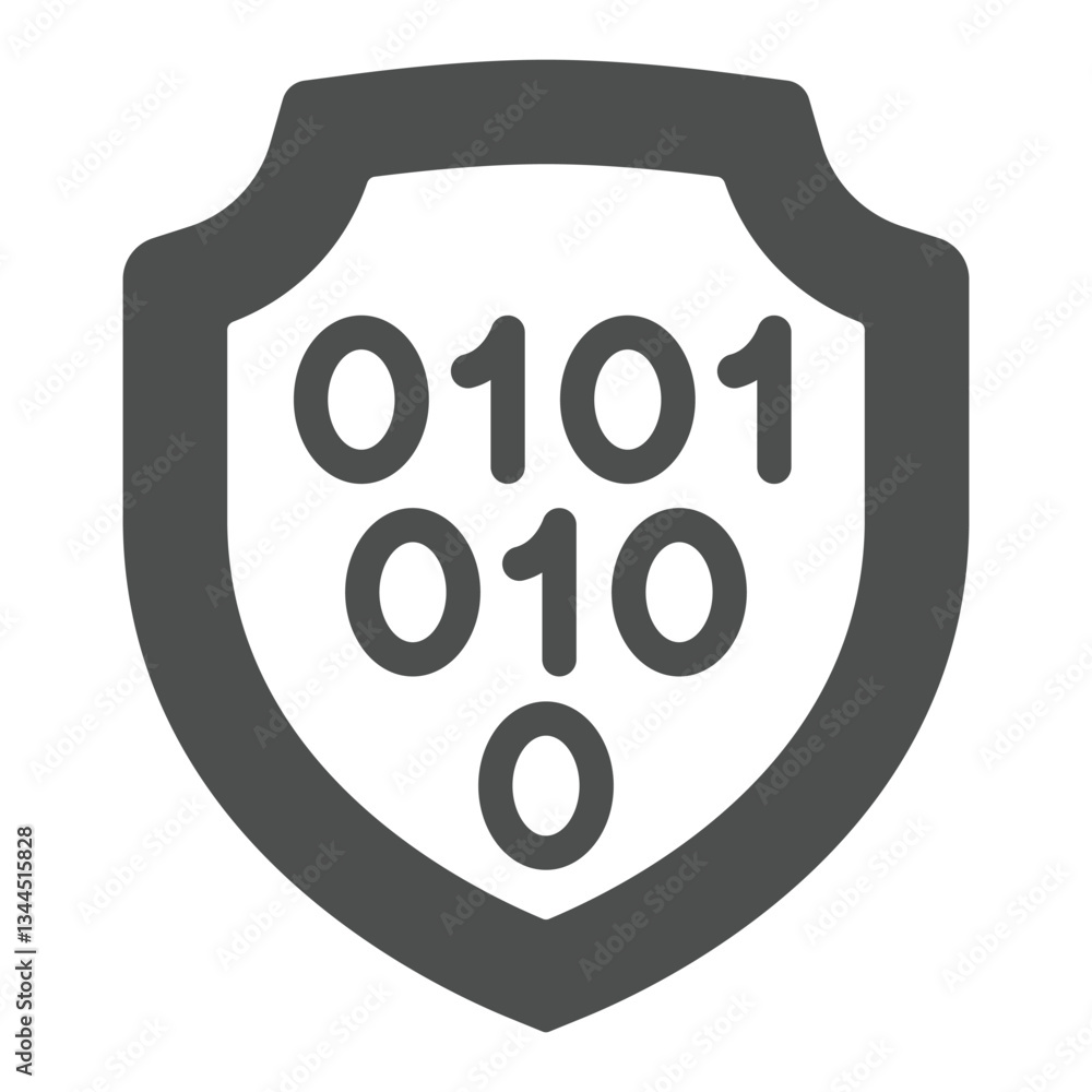 Fototapete Binary code on emblem solid icon, hacker attacks concept. Vector graphics. Code exploit protection shield sign on white background, glyph style icon for mobile or web design.