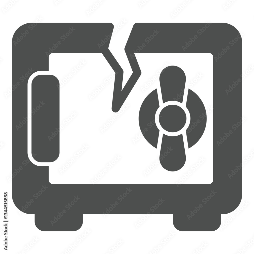 Poster unsecure metal safe with crack solid icon, hacker attacks concept. vector graphics. safe bank vault 
