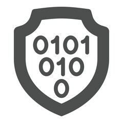 Binary code on emblem solid icon, hacker attacks concept. Vector graphics. Code exploit protection shield sign on white background, glyph style icon for mobile or web design.