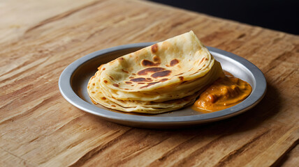 Serving Fresh Roti Flatbread with Tangy Dip on Rustic Wooden Table