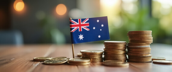 australian flag stands beside stacks of golden coins representing financial growth