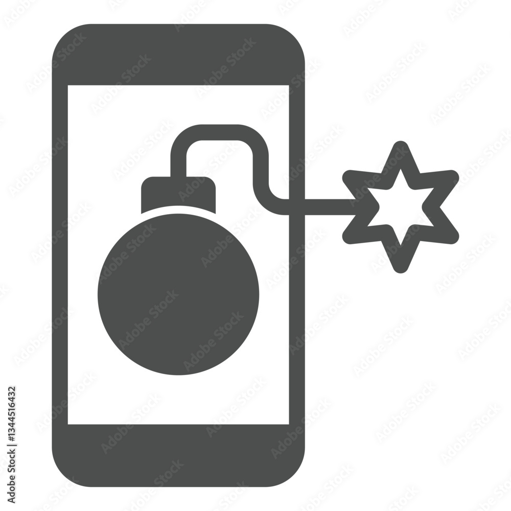 Poster smartphone screen with bomb solid icon, hacker attacks concept. vector graphics. phone and grenade b