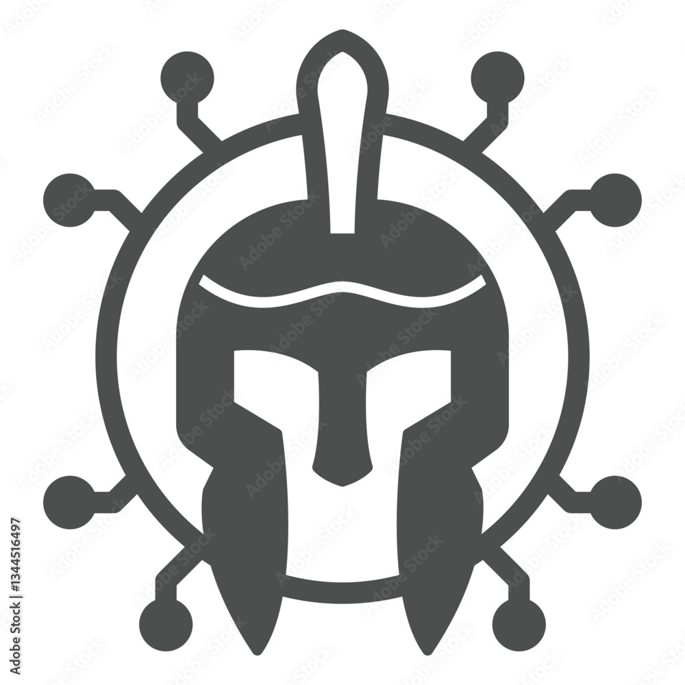 Poster medieval helmet with connection solid icon, hacker attacks concept. vector graphics. greek warrior h
