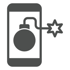 Smartphone screen with bomb solid icon, hacker attacks concept. Vector graphics. Phone and grenade bomb sign on white background, glyph style icon for mobile or web design.
