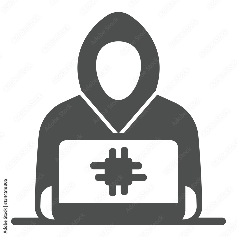 Poster hacker working at laptop solid icon, hacker attacks concept. vector graphics. it criminal man with c