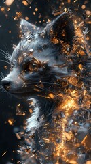 A digital artwork depicting a black fox with glowing shard effects