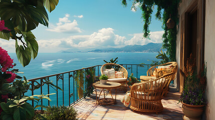 Obraz premium Relaxing Seaside Balcony with Comfortable Lounge and Beautiful Ocean View