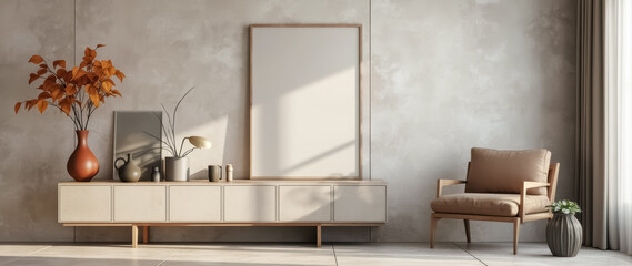 sunlit minimalist living room with beige cabinet armchair and vertical frame