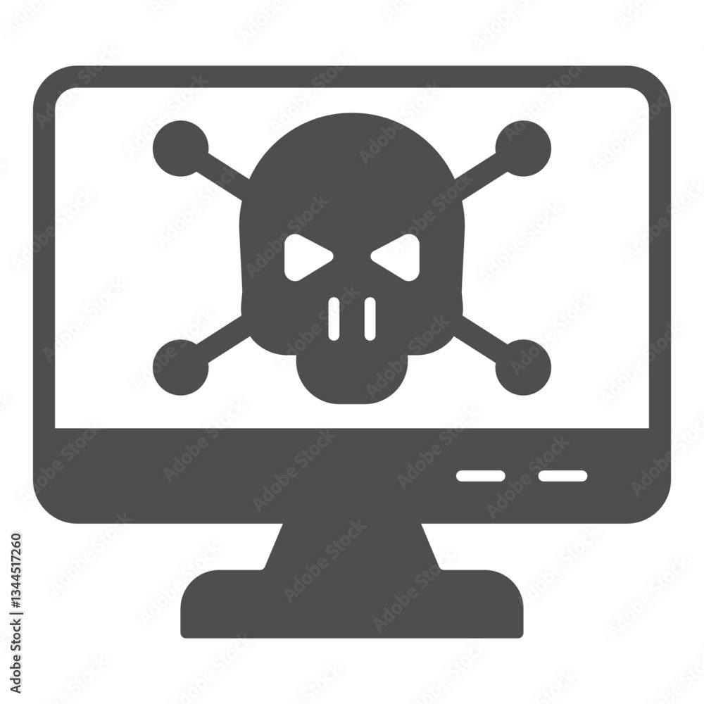 Fototapete Monitor with skull and bones solid icon, hacker attacks concept. Vector graphics. Infected by virus, computer display sign on white background, glyph style icon for mobile or web design.